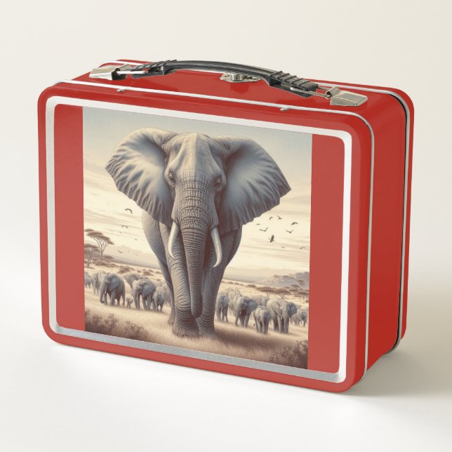 Majestic Elephant Herd in Savannah Metal Lunch Box (Back)