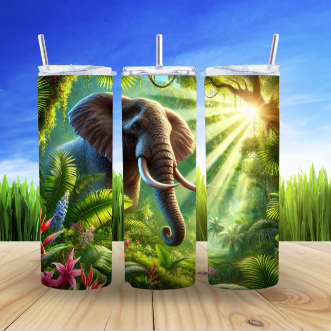 Majestic Elephant in Sunlit Jungle Thermal Tumbler (Creator Uploaded)