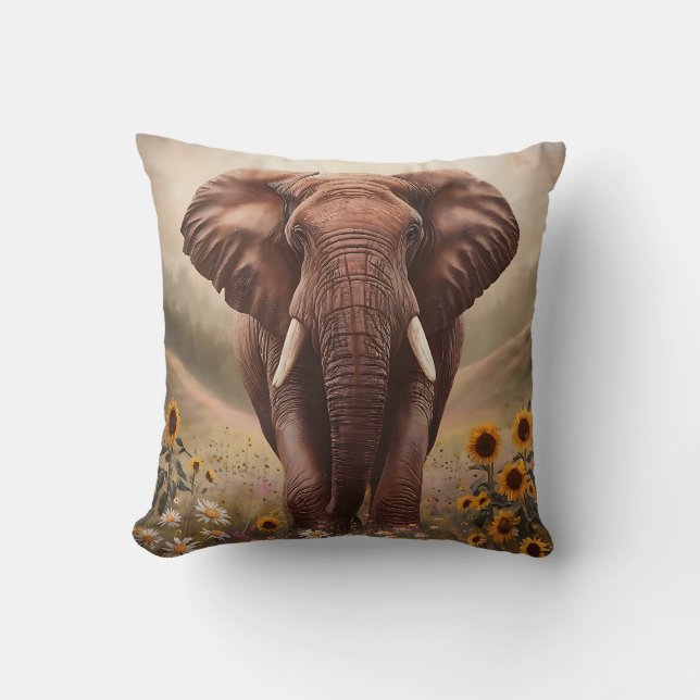 Majestic Elephant in Wildflower Field Throw Pillow (Front)