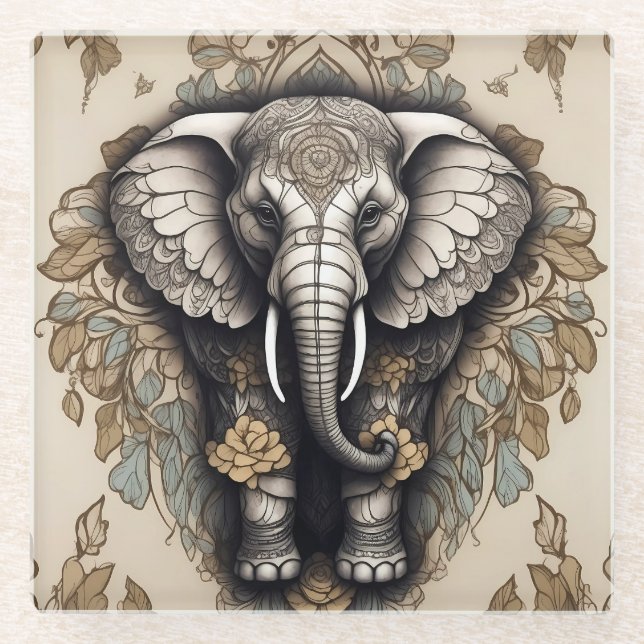 Majestic Elephant Mandala Glass Coaster (Front)