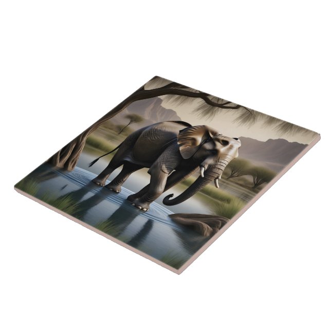 Majestic Elephant Wading in Serene Water at Dawn Tile (Side)