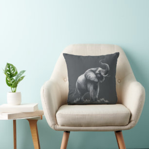 Majestic Elephant with Raised Trunk Grey Black  Throw Pillow