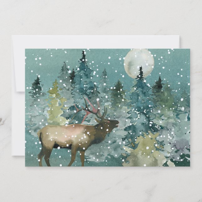 Majestic Elk Forest Full Moon Snowfall Holiday Card (Front)