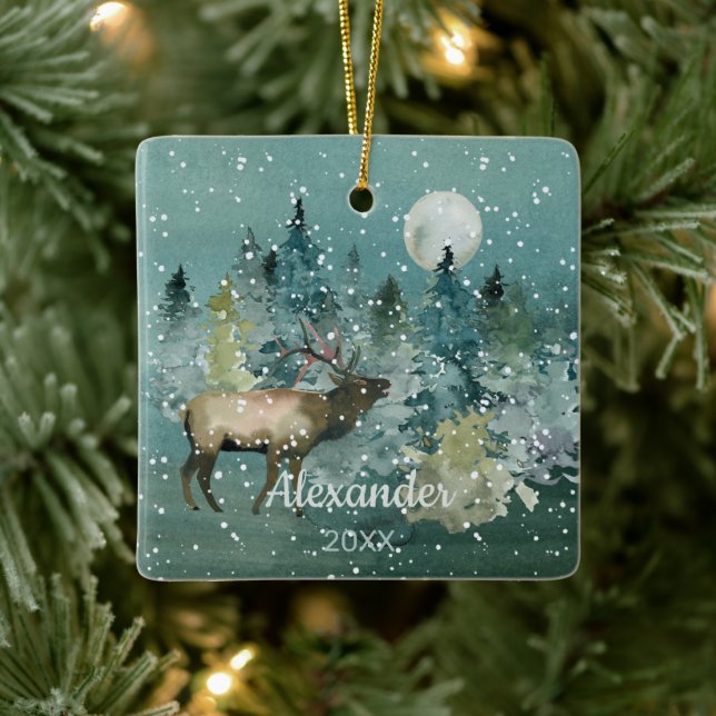 Majestic Elk in Forest Full Moon Snowfall Ceramic Ornament (Tree)