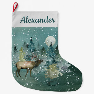 Majestic Elk in Forest Full Moon Snowfall Custom Large Christmas Stocking
