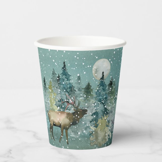 Majestic Elk in Forest Full Moon Snowfall Holiday Paper Cups (Front)