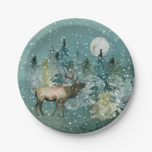 Majestic Elk in Forest Full Moon Snowfall Paper Plate