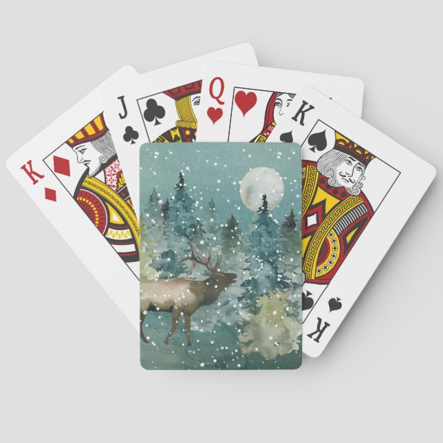 Majestic Elk in Forest Full Moon Snowfall Playing Cards (Back)