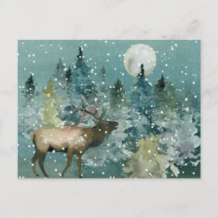 Majestic Elk in Forest Full Moon Snowfall Postcard