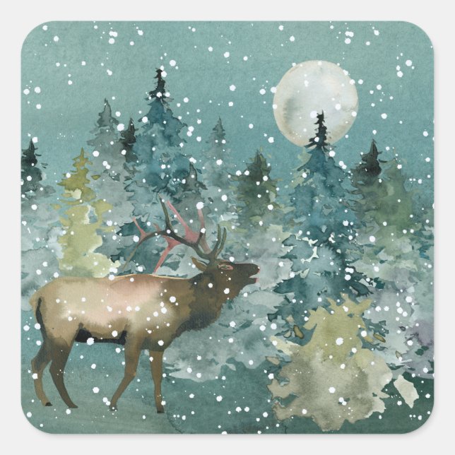 Majestic Elk in Forest Full Moon Snowfall Square Sticker (Front)