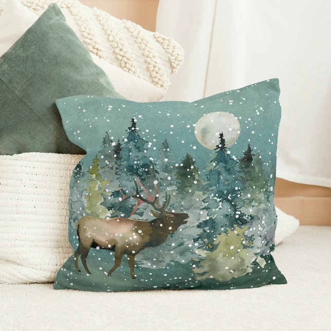 Majestic Elk in Forest Full Moon Snowfall Throw Pillow (Majestic Elk in Forest Full Moon Snowfall Christmas Throw Pillow)