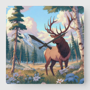 Majestic Elk in Mountain Wilderness Square Wall Clock