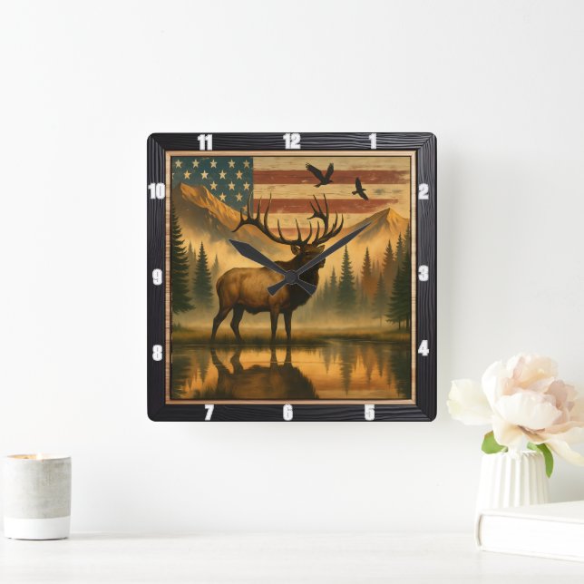 Majestic Elk Outdoors Against a Patriotic American Square Wall Clock (Home)