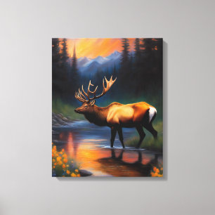 Majestic Elk Standing Mountain Steam Painting Canvas Print