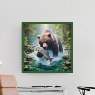 Majestic Encounter: Bear and Fish in Stream Poster