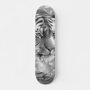 Majestic Fantasy Grey Scale Tiger Head & Florals  Skateboard
