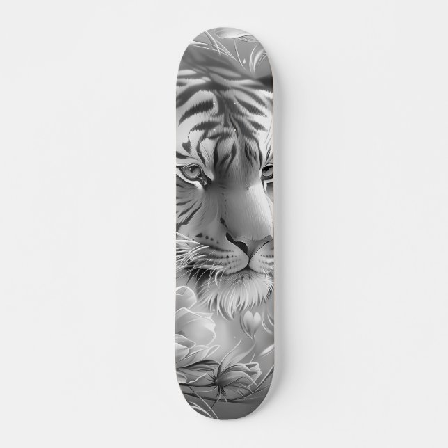 Majestic Fantasy Grey Scale Tiger Head & Florals  Skateboard (Front)