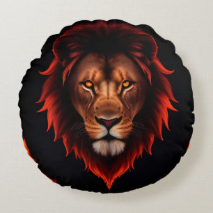 Majestic Fiery Lion Portrait With Glowing Eyes Round Pillow