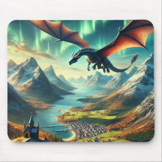 Majestic Flight – Dragon Over Nordic Fjord Mouse Pad