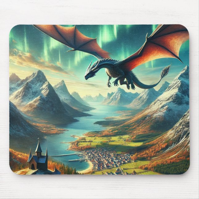 Majestic Flight – Dragon Over Nordic Fjord Mouse Pad (Front)