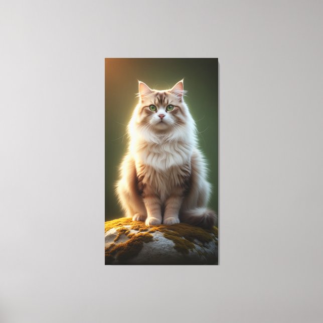 Majestic Fluffy Cat – Serene Green-Eyed Feline Canvas Print (Front)