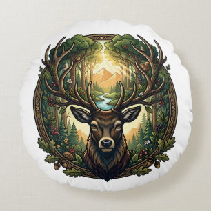 Majestic Forest Stag Nature Wildlife Art Round Pillow