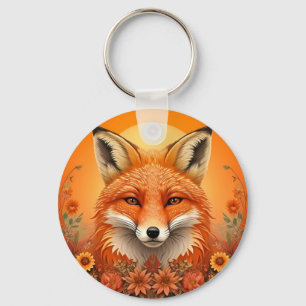 Majestic Fox Portrait Surrounded by Autumn Flowers Keychain