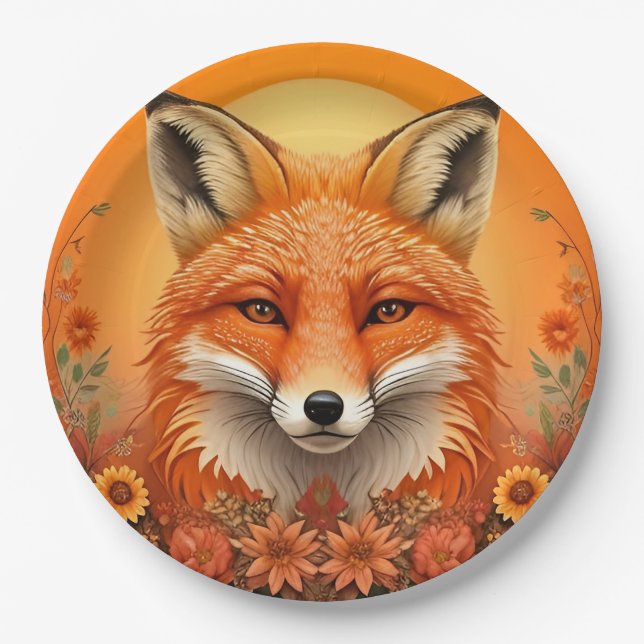 Majestic Fox Portrait Surrounded by Autumn Flowers Paper Plate (Front)