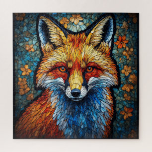 Majestic Fox Stained Glass Design Floral Motif Jigsaw Puzzle