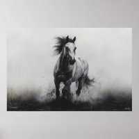 Majestic Galloping Horse in Black and White