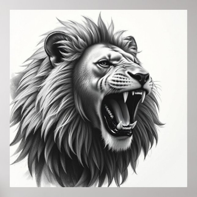 Majestic Gaze: Lion Face Charcoal Portrait Poster (Front)