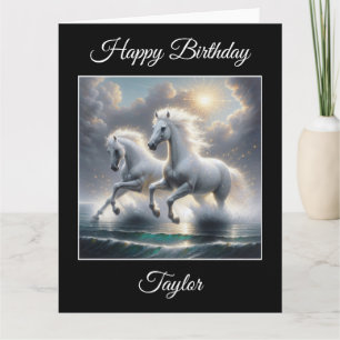 Majestic Glittery White Horses Seascape Card