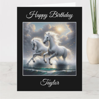 Majestic Glittery White Horses Seascape Card