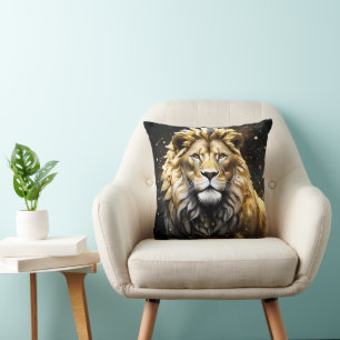 Majestic Gold And Grey Male Lion, Throw Pillow