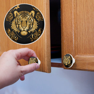 Majestic Gold Tiger on Black Ceramic Knob