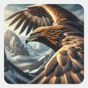 Majestic Golden Eagle in Flight Snowy Mountain Square Sticker