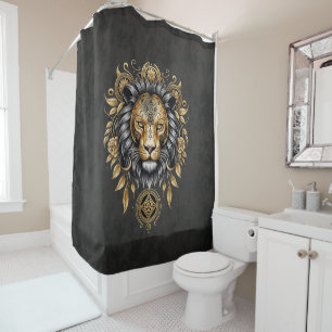 Majestic golden lion head with black mane.