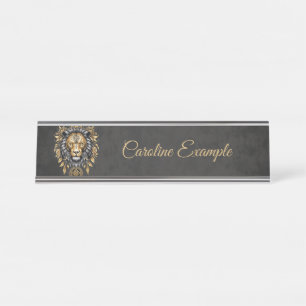Majestic golden lion head with black mane. desk name plate