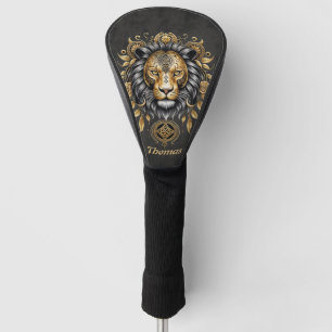 Majestic golden lion head with black mane. golf head cover