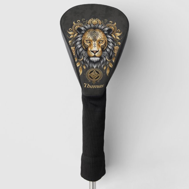 Majestic golden lion head with black mane. golf head cover (Front)