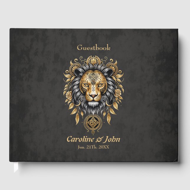 Majestic golden lion head with black mane. guest book (Front)