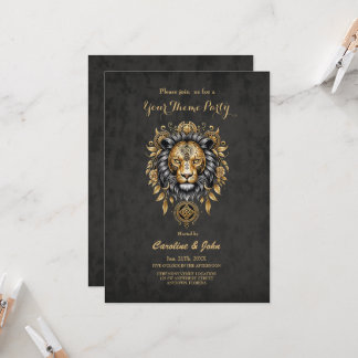 Majestic golden lion head with black mane.  invitation