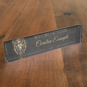 Majestic golden lion head with black mane.  nameplate