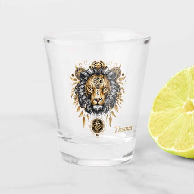 Majestic golden lion head with black mane. shot glass (Front)