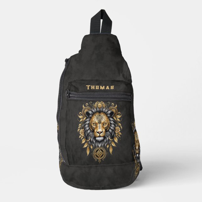 Majestic golden lion head with black mane. sling bag (Front)