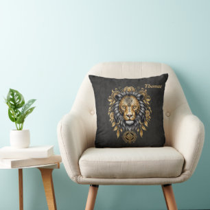 Majestic golden lion head with black mane. throw pillow