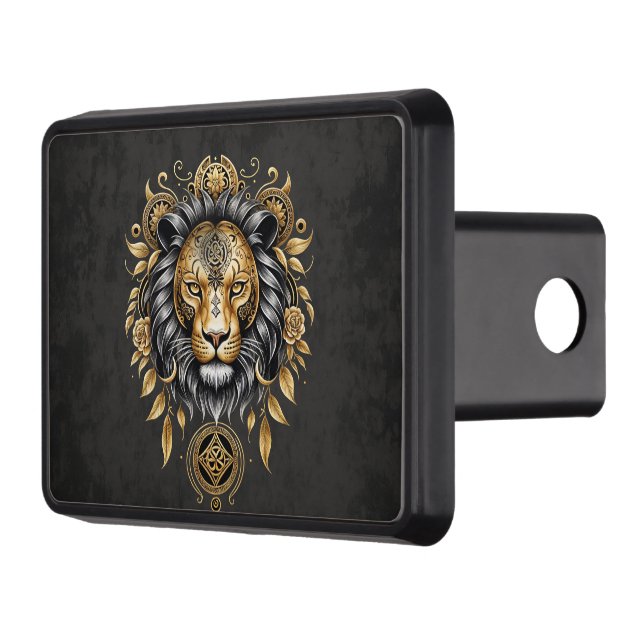 Majestic golden lion head with black mane. trailer hitch cover (Left)