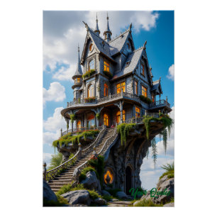 Majestic Gothic Mansion on Cliff Edge Poster
