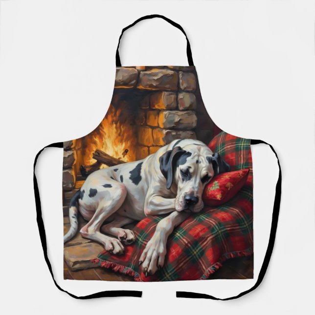 Majestic Great Dane Asleep by Fireplace Cozy Apron (Front)