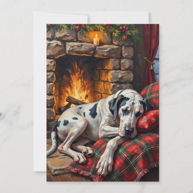 Majestic Great Dane Asleep by Fireplace Cozy Holiday Card (Front)